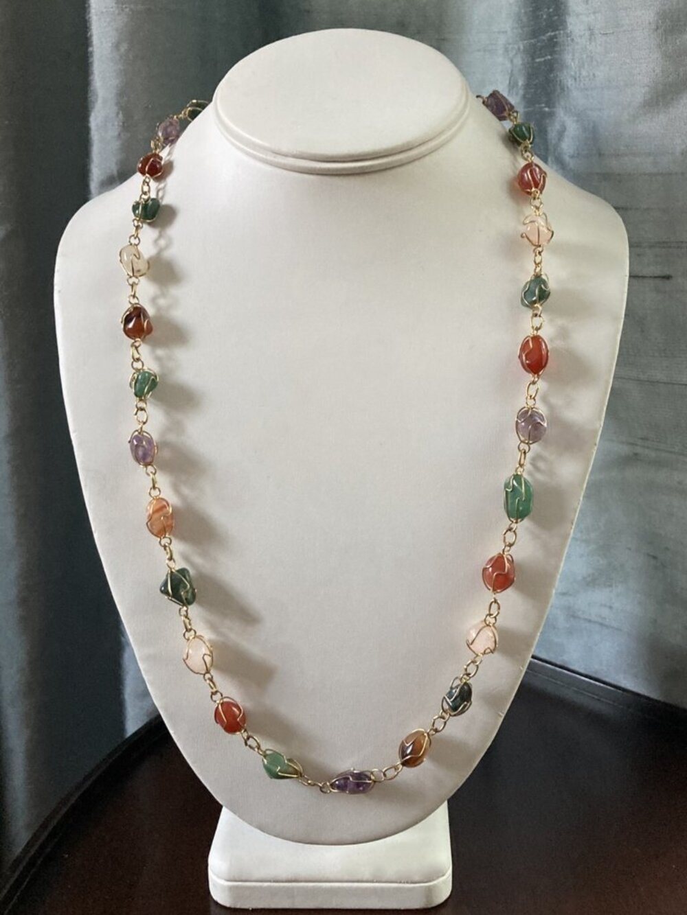 1960s Wire Wrapped, Caged, Polished Gemstone Necklace, Amethyst Agate Carnelian